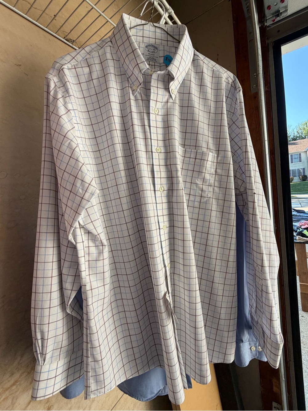 Brooks Brothers White Button-Down Shirt with Blue and Red Windowpane